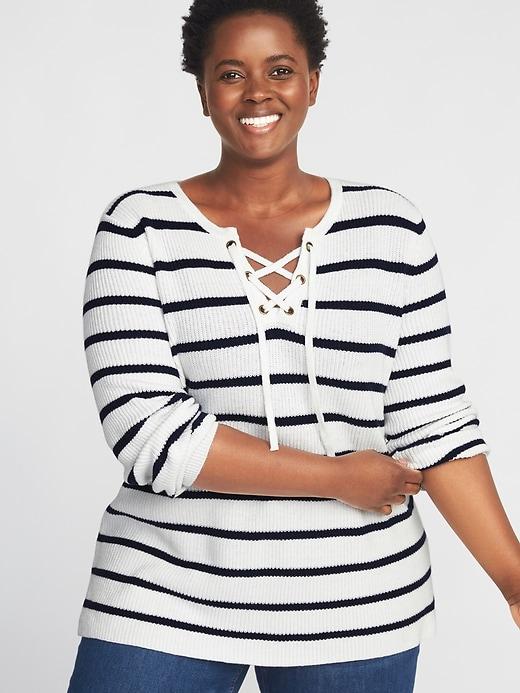 Old Navy Womens Lace-up Neck Plus-size Sweater White Stripe Size 3x