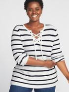 Old Navy Womens Lace-up Neck Plus-size Sweater White Stripe Size 3x