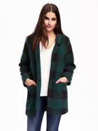 Old Navy Brushed Stand Collar Coat For Women - Large Green Plaid