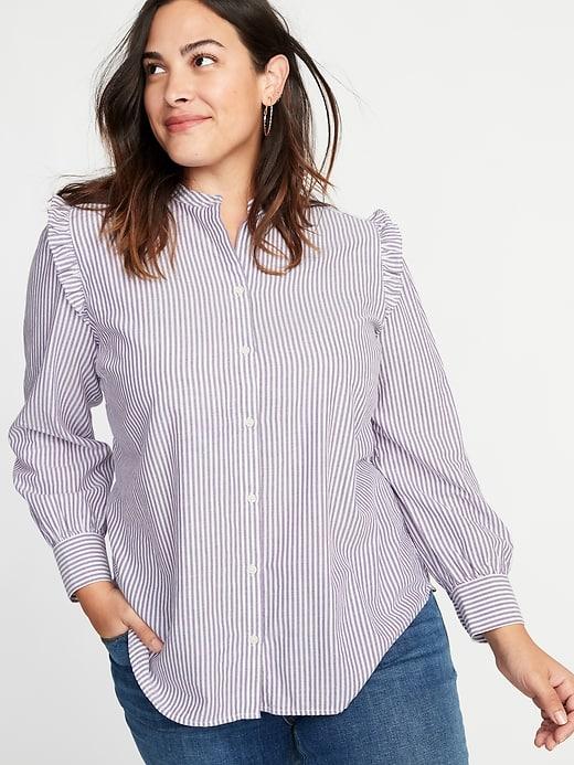 Old Navy Womens Relaxed Ruffle-trim No-peek Plus-size Shirt Burgundy Stripe Size 3x