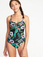 Old Navy Womens Lace-up-front Swimsuit For Women Black Floral Size M