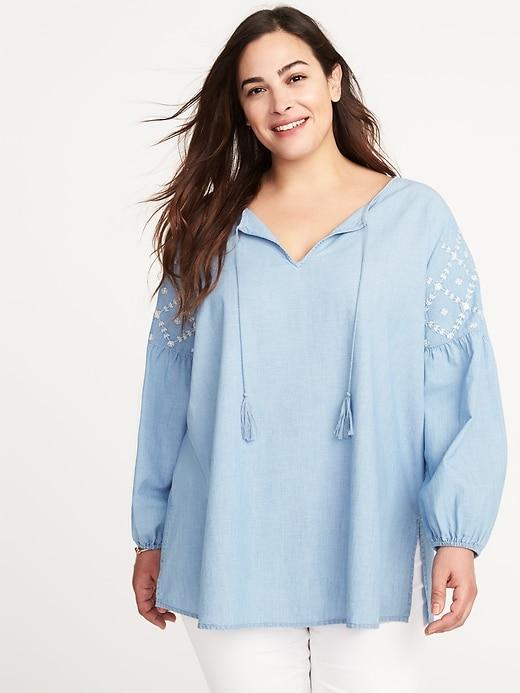 Old Navy Womens Plus-size Embroidered Chambray Tunic Medium Wash Size 2x
