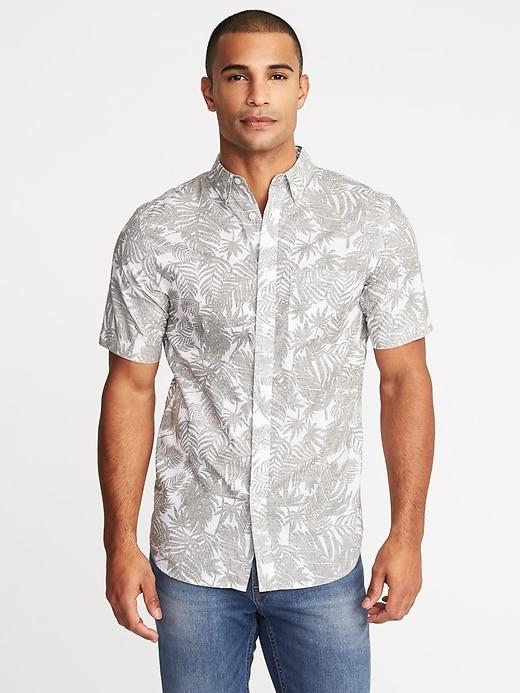 Old Navy Mens Slim-fit Built-in Flex Botanical-print Classic Shirt For Men Gray Palm Print Size M
