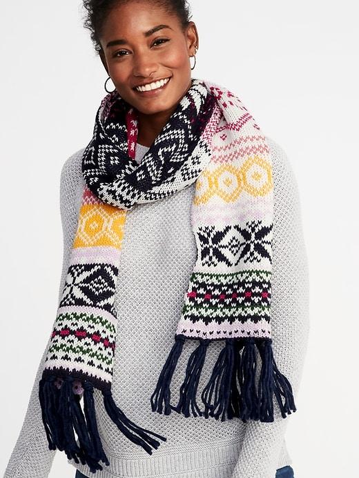 Old Navy Womens Jacquard Sweater-knit Fringe Scarf For Women Navy Blue Combo Size One Size