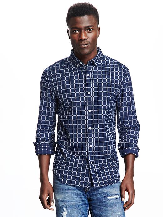 Old Navy Embroidered Plaid Slim Fit Oxford Shirt For Men - Blue It Off