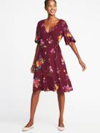 Old Navy Womens Tie-belt Flutter-sleeve Dress For Women Burgundy Floral Size Xs