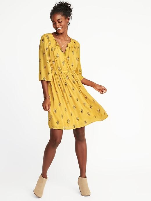 Old Navy Womens Waist-defined Bell-sleeve Dress For Women Yellow Print Size L