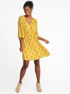 Old Navy Womens Waist-defined Bell-sleeve Dress For Women Yellow Print Size L