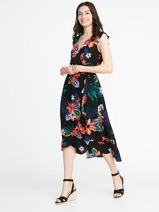 Old Navy Womens Sleeveless Waist-defined Crinkle-gauze Dress For Women Black Floral Size L