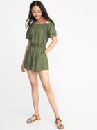 Old Navy Womens Waist-defined Tiered-sleeve Romper For Women Olive Through This Size Xl