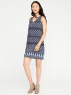 Old Navy Sleeveless V Neck Shift Dress For Women - Navy Blue Print