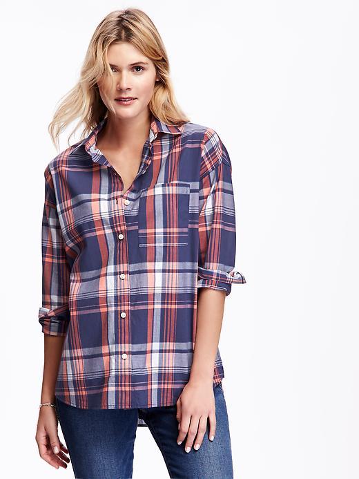 Old Navy Plaid Boyfriend Shirt For Women - Orange/blue Plaid
