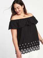 Old Navy Womens Off-the-shoulder Embroidered Plus-size Linen-blend Top Black Size 3x