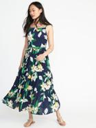 Old Navy Womens Tie-belt Sleeveless Tiered Maxi Dress For Women Navy Floral Size S