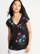Lightweight Floral-print Flutter-sleeve Blouse For Women