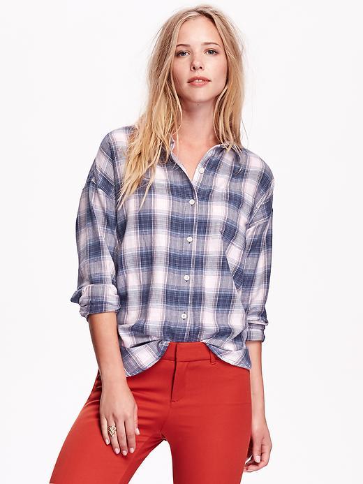 Old Navy Womens Plaid Flannel Boyfriend Shirt Size L Tall - Blue/pink