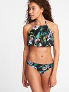 Old Navy Womens High-neck Ruffle-trim Swim Top For Women Black Floral Size S