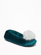 Old Navy Womens Velvet Faux-fur Pom-pom Slippers For Women Emerald Size 10/11