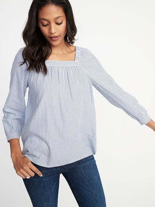 Old Navy Womens Striped Twill Portrait-neck Blouse For Women Blue/white Stripe Size Xs
