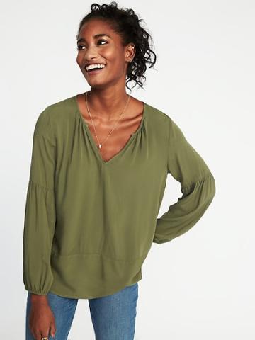 Old Navy Womens Relaxed Split-neck Shirred Blouse For Women Arugula Size Xxl