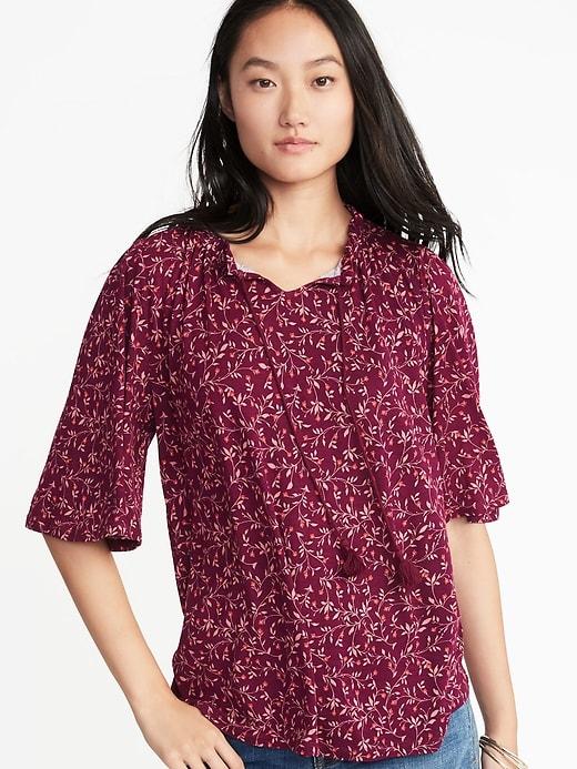 Old Navy Womens Printed Split-neck Bell-sleeve Top For Women Raspberry Floral Size S