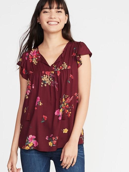 Old Navy Womens Tassel-tie Flutter-sleeve Swing Top For Women Burgundy Floral Size M