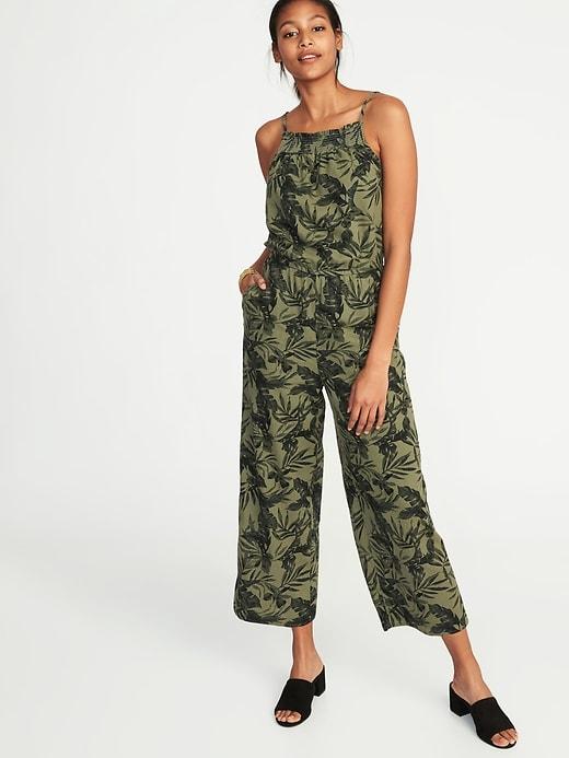 Old Navy Womens Waist-defined Sleeveless Linen-blend Jumpsuit For Women Camotanical Size L
