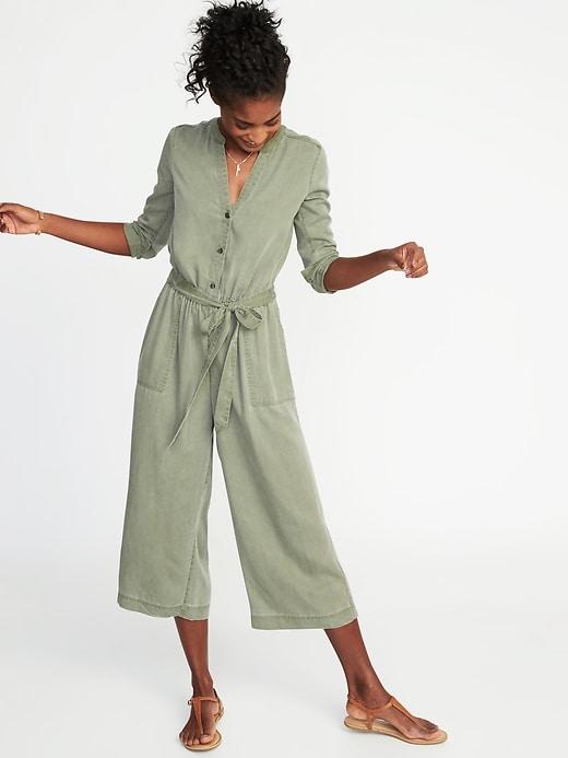 Old Navy Womens Tie-belt Waist-defined Tencel Utility Jumpsuit For Women Olive Size L