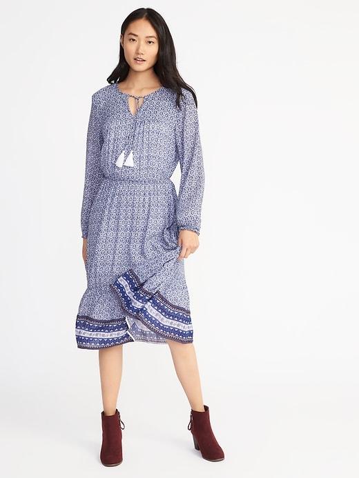 Old Navy Womens Tie-neck Boho Waist-defined Dress For Women Light Blue Print Size Xl