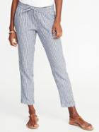 Old Navy Womens Mid-rise Linen-blend Cropped Pants For Women Navy Stripe Size L