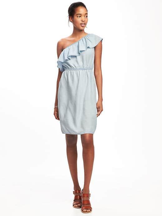 Old Navy Ruffled One Shoulder Tencel Dress For Women - Light Wash