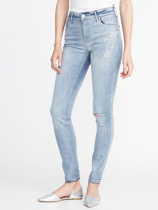 Old Navy Womens Mid-rise Floral-embroidered Rockstar Super Skinny Jeans For Women Maya Blue Embroidery Size 6