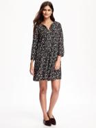 Old Navy Pleated Tie Neck Swing Dress For Women - Gray Floral Print