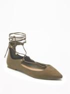 Old Navy Pointy Toe Lace Up Flats For Women - Olive