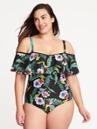 Old Navy Womens Plus-size Ruffled Off-the-shoulder Swimsuit Black Floral Size 1x