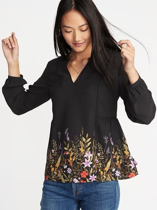 Old Navy Womens Floral-print Georgette Swing Blouse For Women Black Floral Hem Size S