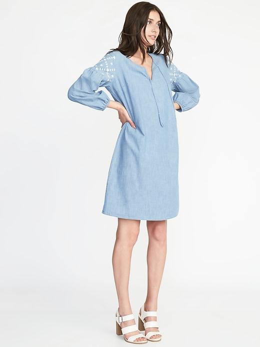 Old Navy Womens Boho Tassel-tie Chambray Shift Dress For Women Medium Wash Size S
