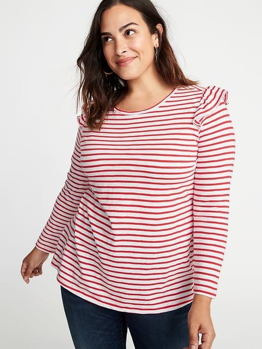 Old Navy Womens Slub-knit Ruffle-shoulder Plus-size Top Red Stripes Size 2x