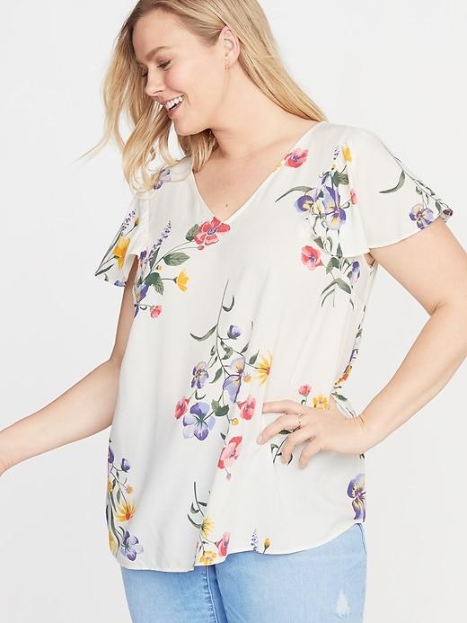 Floral-print Flutter-sleeve Plus-size Blouse