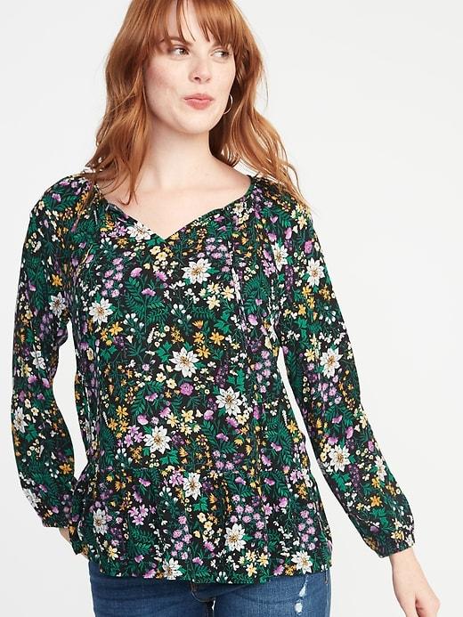 Floral Crepe Peplum-hem Swing Blouse For Women