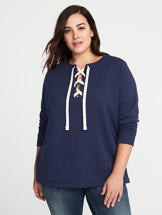 Old Navy Womens Relaxed Plus-size Lace-yoke Sweatshirt Lost At Sea Navy Size 4x