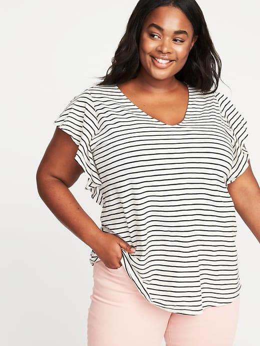 Old Navy Womens Plus-size Ruffle-trim U-neck Top O.n. New Black Stripe Size 2x