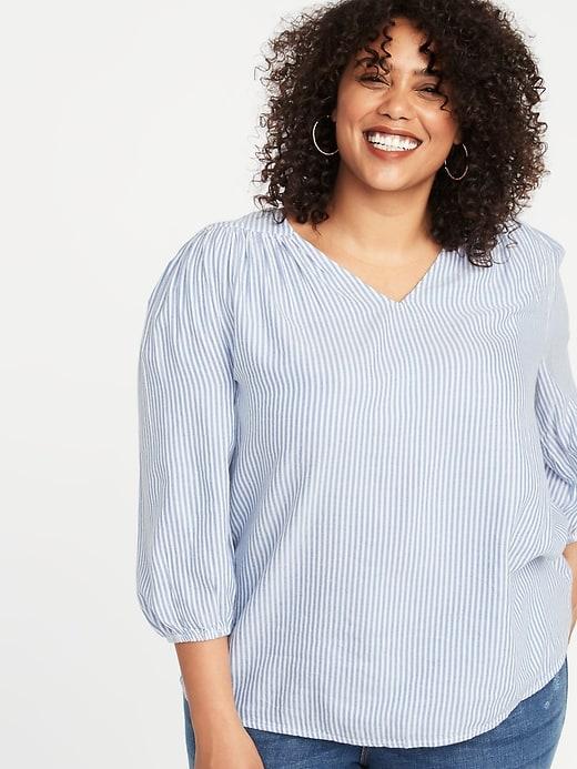 Striped V-neck Plus-size Peasant Blouse