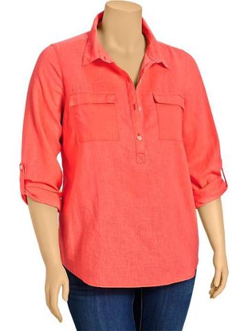 Old Navy Old Navy Womens Plus Linen Blend Roll Sleeve Shirts - Coral Reef Neon Nylon
