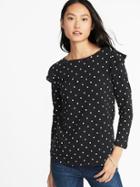 Old Navy Womens Relaxed Ruffle-trim Slub-knit Top For Women Black Dots Size S