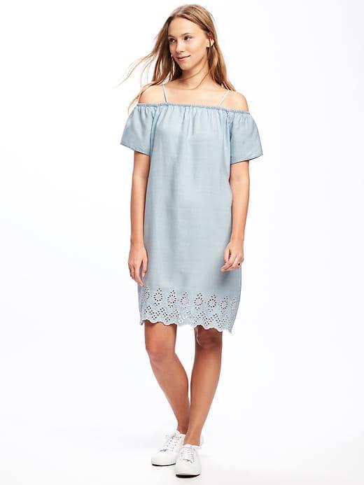 Old Navy Off Shoulder Eyelet Swing Dress For Women - Medium Wash