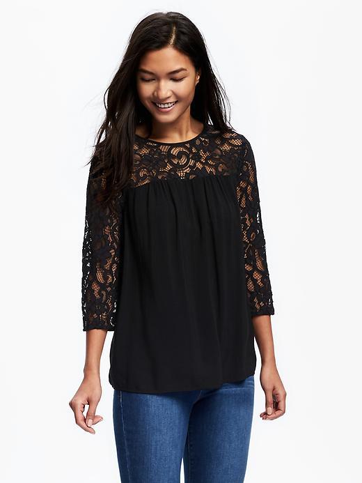 Old Navy Relaxed Lace Trim Blouse For Women - Blackjack