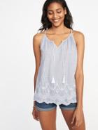Old Navy Womens Tassel-tie Embroidered Cami Top For Women White & Blue Stripe Size L
