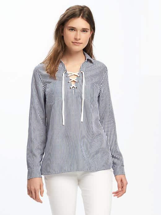 Old Navy Classic Lace Up Tencel Shirt For Women - Navy Stripe