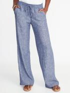 Old Navy Womens Mid-rise Linen-blend Wide-leg Pants For Women Chambray Blue Size Xxl